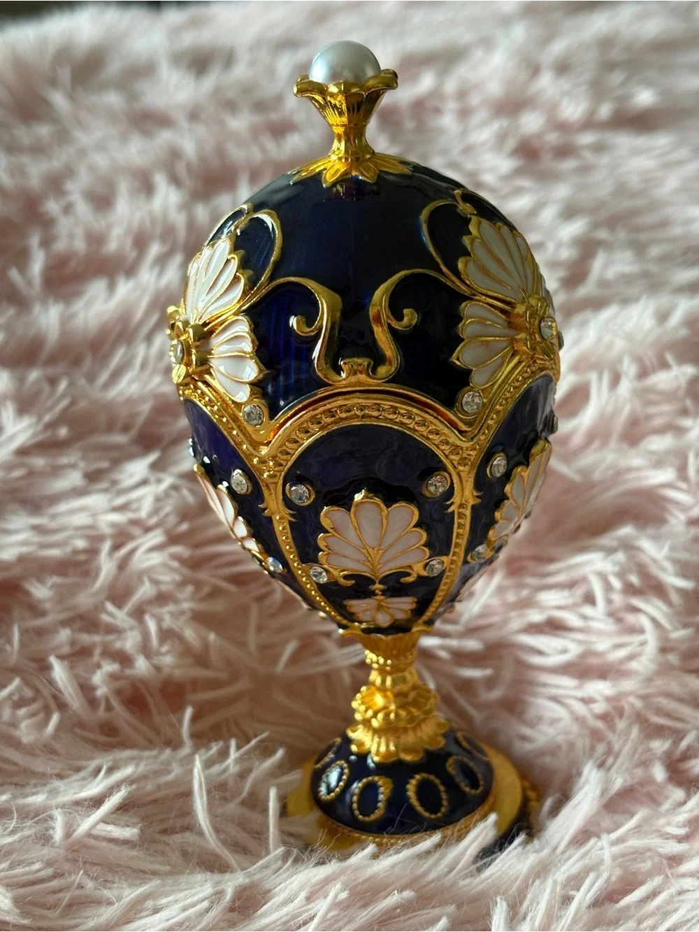 Decorative Egg Trinket Box in Deep Blue, Pink, and Gold